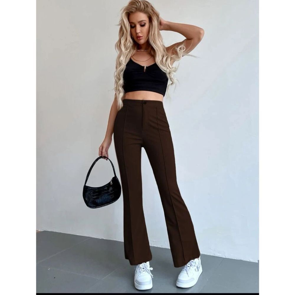 SHEIN Medium Brown Front Seam Detail Pants Slacks High Stretch